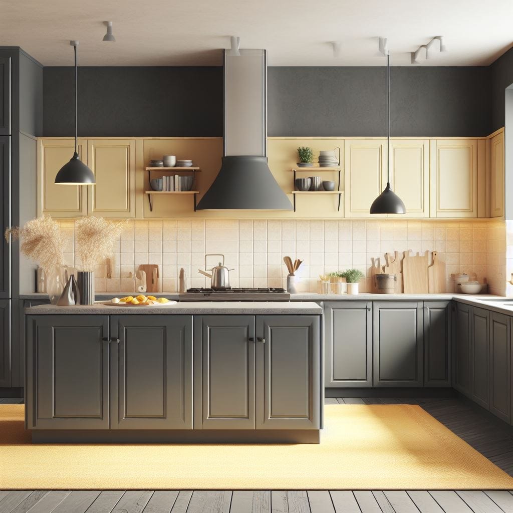 Dark gray lower cabinets paired with pale yellow upper cabinets