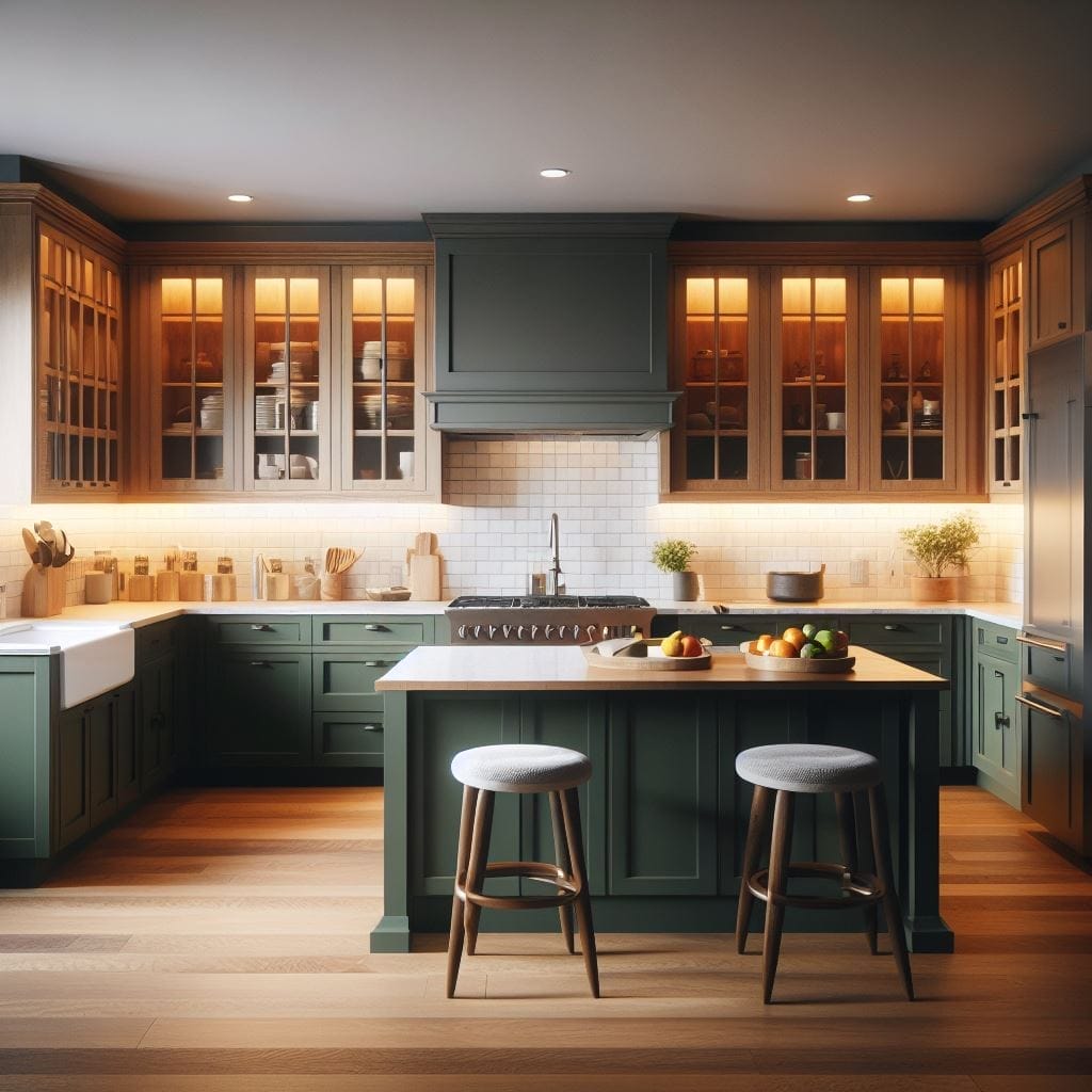 Dark green lower cabinets paired with wood upper cabinets