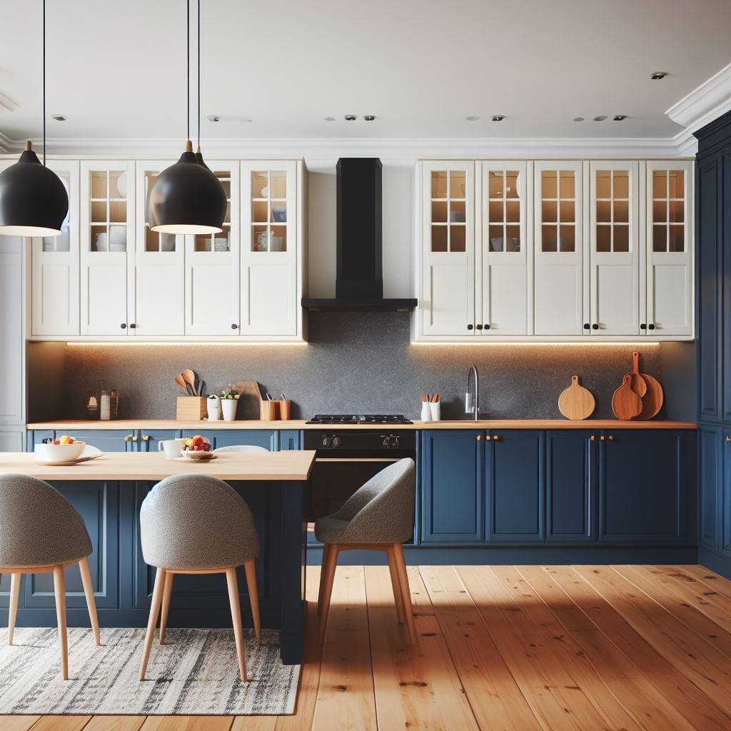 Navy blue lower cabinets paired with white upper cabinets