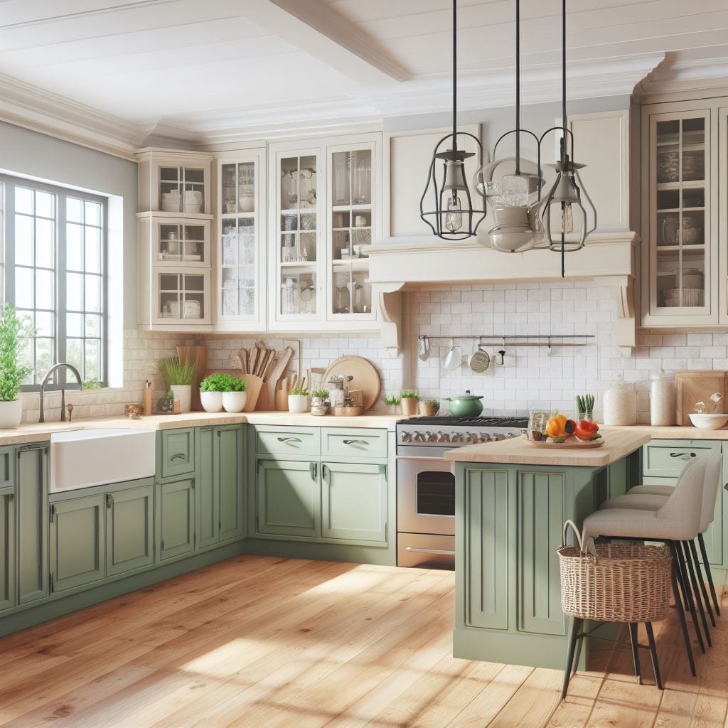Sage green lower cabinets paired with cream upper cabinets