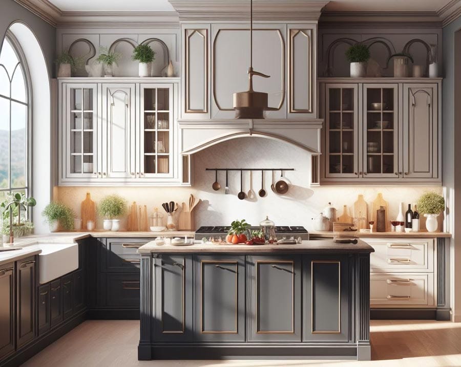 Two-Tone Kitchen Cabinets with Inlay and Hardware